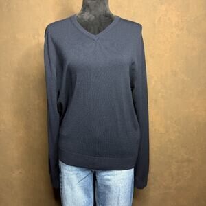 Brooks Brothers Saxxon Wool Sweater Mens M Navy Blue 100% Wool V Neck Long Sleev